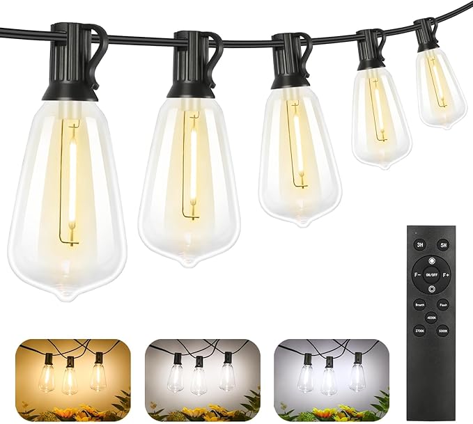 Brightever Dimmable Outdoor String Lights with Remote, 3 Colors in 1 LED Patio Light for Outside with 25+1 ST38 Edison Bulbs, 50FT 3 Modes Gazebo Lighting Waterproof for Camping, 2700K/4000K/5000K