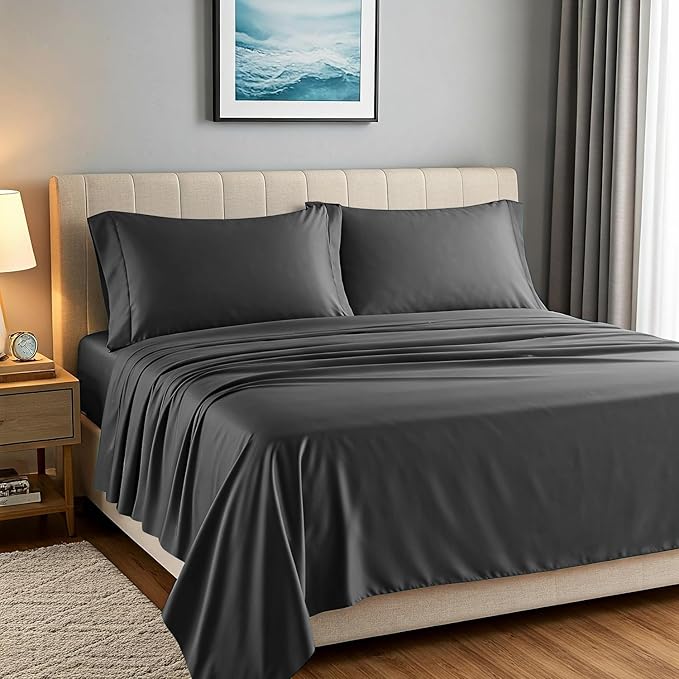 Carressa Linen 100% Egyptian Cotton Sheets California King Size - 1500 Thread Count 4 PC Cal King Sheets Egyptian Cotton, Cooling Sateen Sheets, High Thread Count Sheets California King - Dark Grey