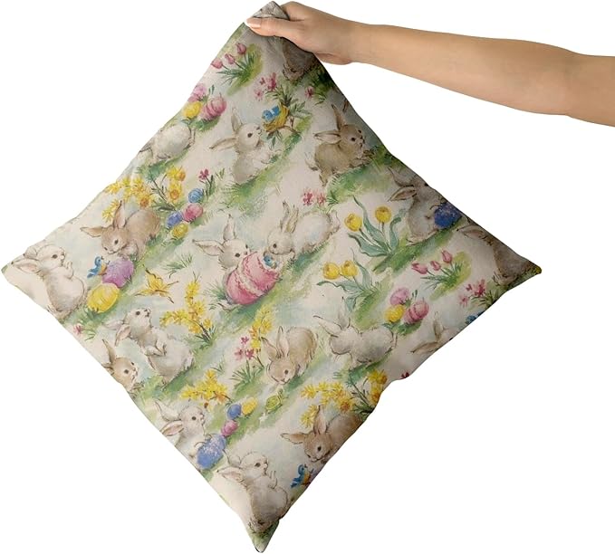 Giwawa Easter Throw Pillow Covers Set of 2 Vintage Bunny Egg Hunt Pillowcases 16x16inch Farmhouse Spring Rabbit Floral Double Sided Cotton Cushion Covers for Sofa Couch Chair Patio Bedroom Decor