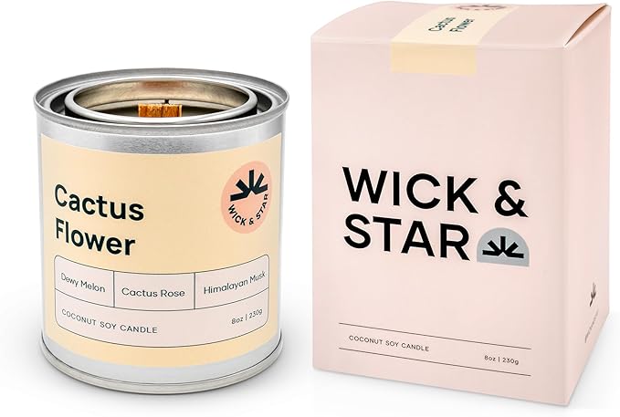 Wick & Star Vegan Non-Toxic, Wood Wick, Natural Coconut Soy Wax Aromatherapy Candle, Clean Burning (Cactus Flower)