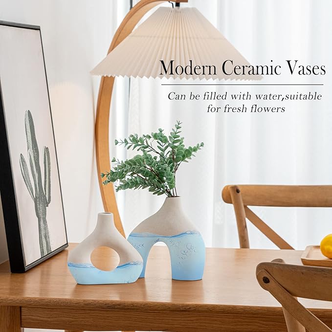 White Ceramic Vase Set of 2 for Modern Home Decor, Round Matte Donut Vases for Pampas Grass, Neutral Boho Nordic Minimalism Style Flower Vases for Living Room Wedding Table Party Office Bedroom