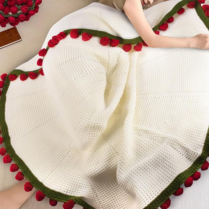 51" Handmade Crochet Rose Flower Bouquet Blanket, Soft Chunky Knit Throw Blanket for Sofa Couch Bed, Christmas Birthday Gifts for Her Wife Girlfriend Mom Grandma, Women Decorative Giftable Blankets
