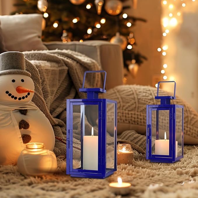DECORKEY Christmas Decorations Outdoor&Indoor, 17''&13'' Set of 2 Blue Decorative Candle Lanterns, Modern Hanging/Tabletop Candle Holders for Christmas Home Porch Patio Wedding Decor