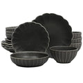 Gibson Elite Malibu Shore 16 Piece Scallop Stoneware Reactive Glaze (Service for 4) Ceramic Plates and Bowls Dinnerware Set - Black