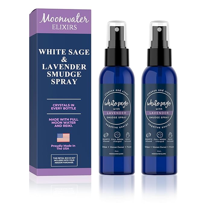 White Sage Smudge Spray for Spiritual Cleansing & Aura Protection, Sage & Lavender Smudging Spray - Cleansing Negative Energy & Protection, Moonwater Elixirs Aromatherapy Room Mist 2X 4oz