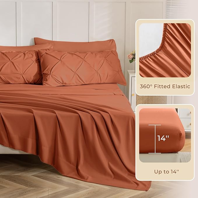 Sasttie King Size Comforter Set, 7-Piece Bed in a Bag, Pintuck Bedding Set for All Season, Includes Comforter, Flat Sheet, Fitted Sheet, Pillowcases and Pillowshams, Burnt Orange