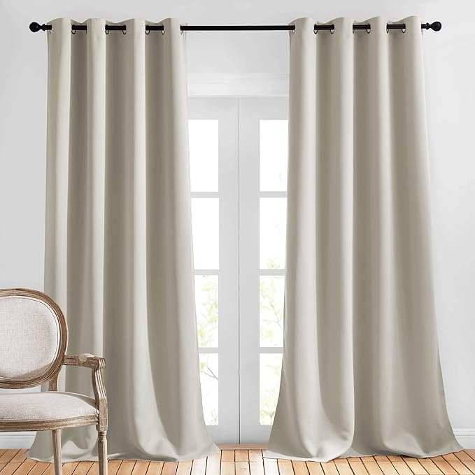 NICETOWN Bedroom Blackout Long Natural Curtains 120 Length - Energy Saving Thermal Insulated Solid Grommet Luxury Room Darkening Drapes for Living Room, Set of 2, W52 x L120
