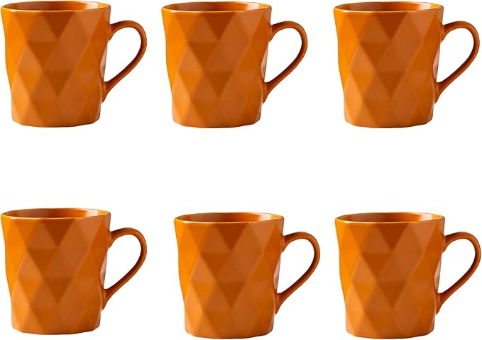 11 Ounce Porcelain Mugs, Set of 6, Tea and Cocoa Mug Set, Orange, Matte
