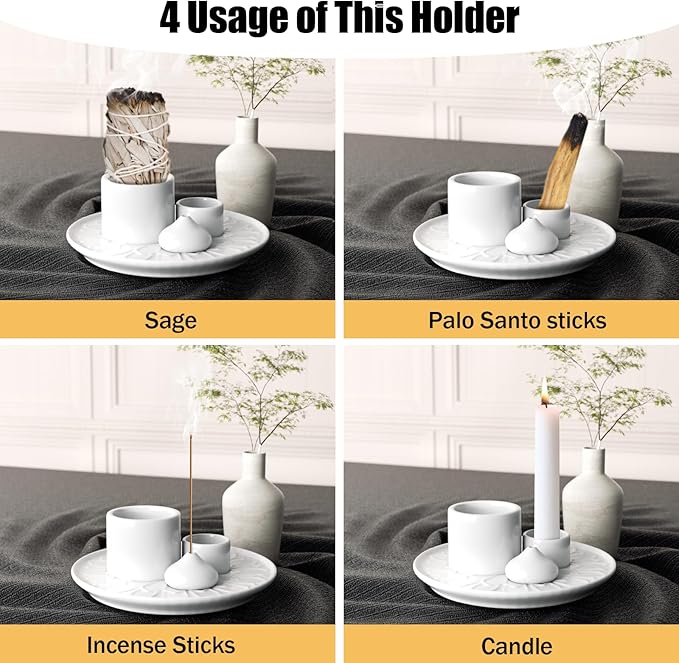 Palo Santo Holder - 4 in 1 Incense & Candle Holder - Ceramic Incense Holder Ash Catcher Tray for Meditation Room - Easy to Clean (White)