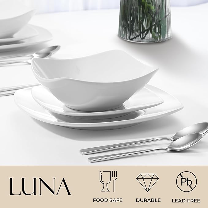 Zulay Kitchen Luna Plates and Bowls Sets, 16 Piece Modern Porcelain Dish Set for 4, Chip and Scratch Resistant Square Dinnerware Set, Microwave and Dishwasher Safe, Pearl White
