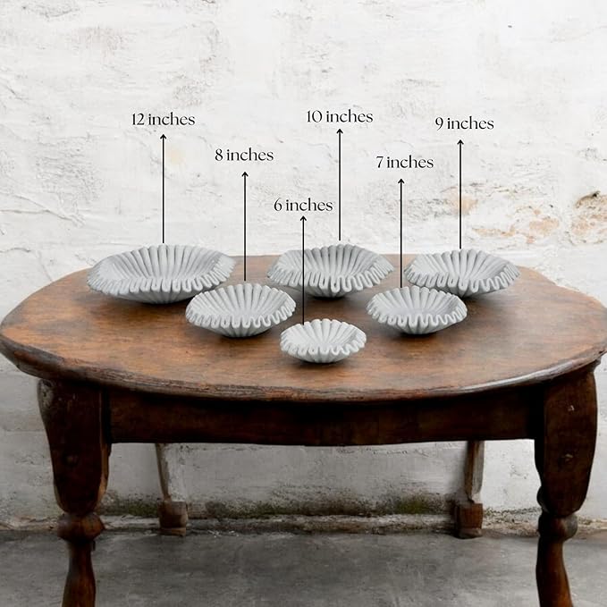 Marble Ruffle Bowl Handcrafted Decorative ScallopBowls - Antique Catchall Jewelry Dish Fruit Organizer for Home & Kitchen (6 inches)