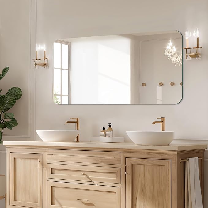 Mirrorons 60 x 28 Frameless Bathroom Mirror, Rounded Corner Bathroom Vanity Mirror, Modern Wall Mounted Vanity Mirror for Living Room, Bedroom, Bathroom, Entryway (Horizontal/Vertical)