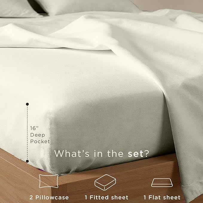 Threadmill 100% Cotton Sheets for King Size Bed | 4 Pc King Bed Sheets Set | Soft, Breathable Lightweight Solid Sateen for All-Season Use | Snug Fit Elastic Deep Pocket King Sheets | Ivory