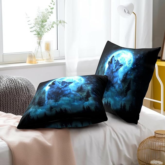 Forest Wolf Throw Pillow Covers - Galaxy Wolves Howling Pillow Covers 16x16 Set of 2 Nature Wolves Pillowcase Animal Cushion Covers Decor for Home Couch Bed Sofa