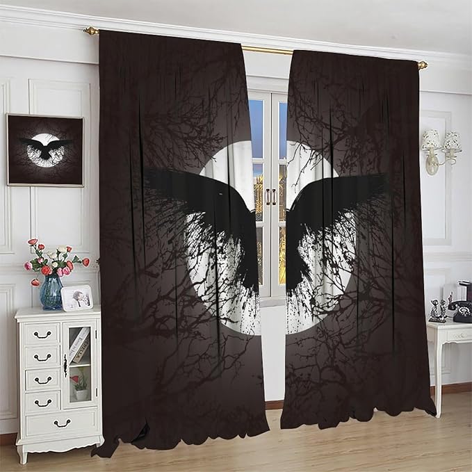 Cool Raven Print Curtains for Bedroom - Vintage Nordic Viking Theme Dead Tree Crow Full Moon Window Drapes,Energy Saving Thermal Insulated Rod Pocket Bedroom Blackout Curtains 2 Panels 63L x 21W