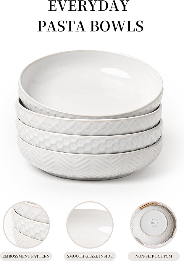 Embossed Ceramic Pasta Bowls Set of 4 – Medium 7.5-Inch, 26oz Serving Bowls for Pasta, Salad, Fruit – Stackable, Microwave & Dishwasher Safe – Great Gift for Housewarming or Everyday Use