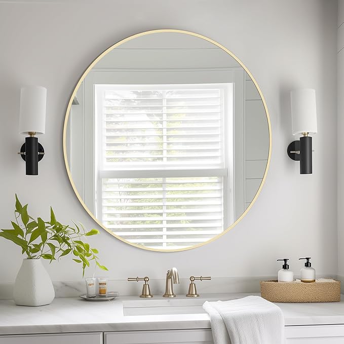 HOMECOOKIN Round Wall Mirror 28" Gold Circle Mirror for Bathroom with Metal Framed, Round Gold Mirror for Wall Decor, Vanity, Entryway Living Room