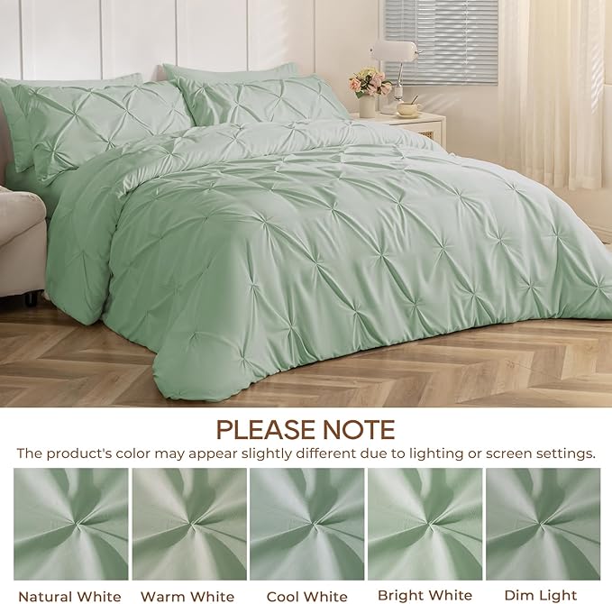 Sasttie King Size Comforter Set, 7-Piece Bed in a Bag, Pintuck Bedding Sets for All Season, Includes Comforter, Flat Sheet, Fitted Sheet, Pillowcases and Pillowshams, Sage