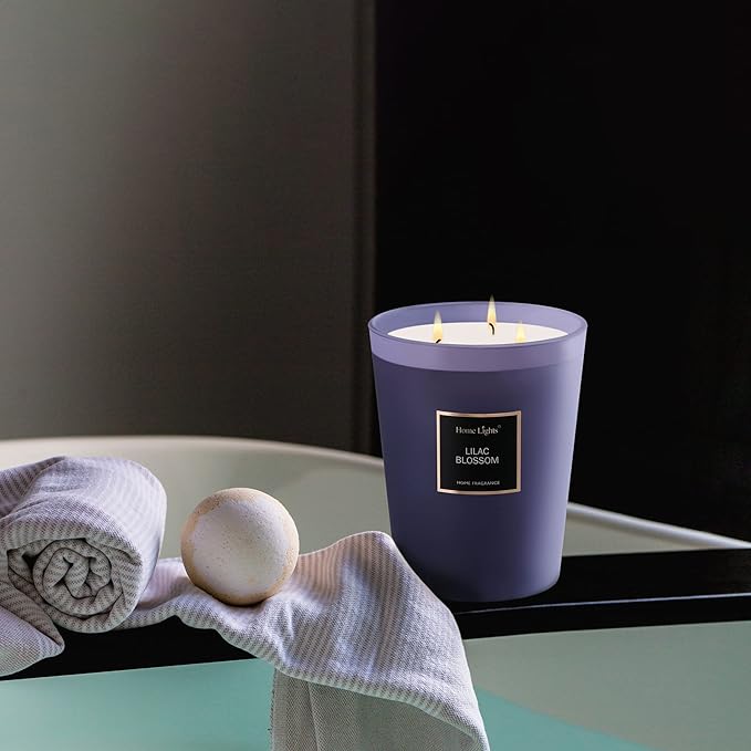 HomeLights Highly Scented Soy Candles Big 33.3 oz for Home. 3 Cotton Wicks, Smokeless Long Lasting 130 hrs in Lilac Blossom. 5x6, Great Gift for Women & Men