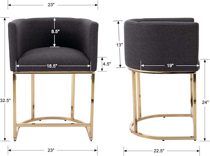 Modern Counter Height Linen Upholstered Bar Stools Set of 2, 24" Kitchen Counter Island Stools Bar Chairs with Gold Metal Frame for Kitchen Island, Charcoal