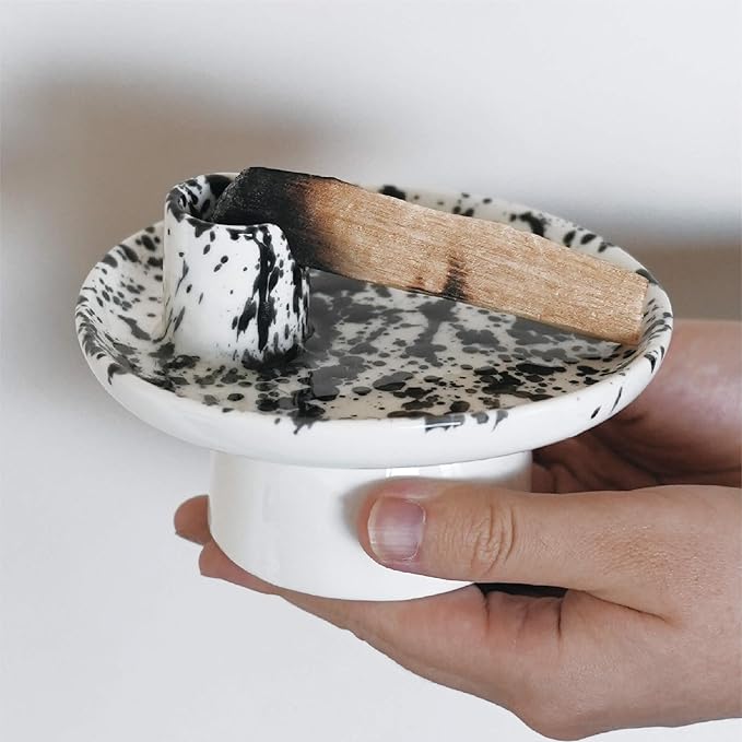 4-in-1 Ceramic Incense Burner Holder, 5-Inch Multipurpose Incense Ash Catcher for Sage, Palo Santo, Cone Incense and Candles (Black Dots)