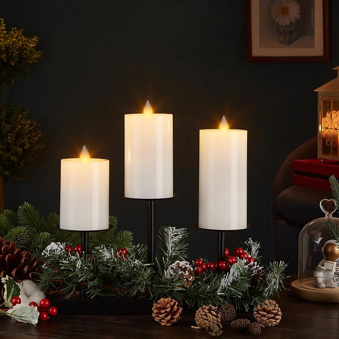 Flameless Pillar Candles Flickering with Remote Timer, Battery Operated LED Candles Up to 400 Hours, 3D Moving Flame Real Wax Candles, Set of 3, D3 x H4, 5", 6",Remote Included (White).