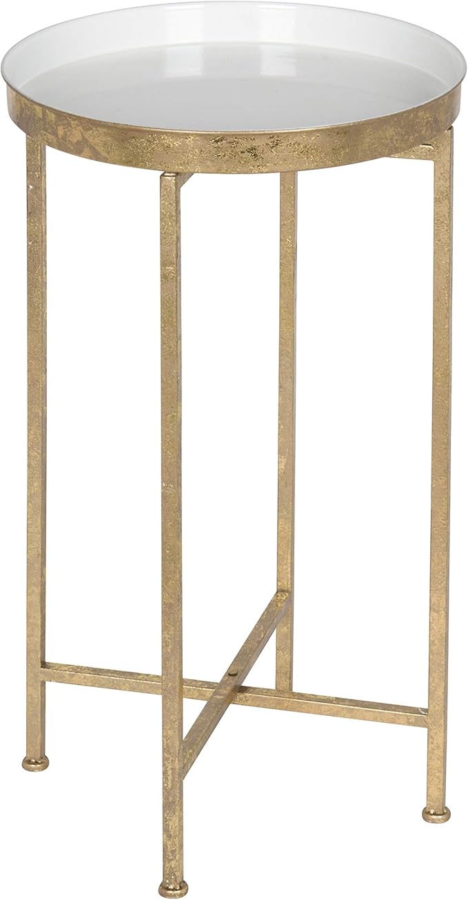 Kate and Laurel Celia Round Metal Foldable Tray Accent Table, White with Gold Base