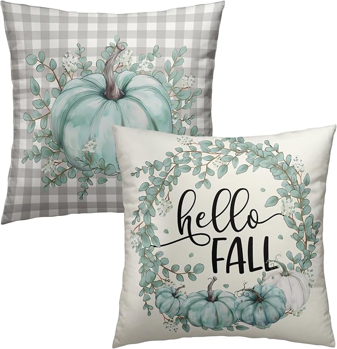 Fall Pumpkin Throw Pillow Covers - Autumn Harvest Pillow Covers 20x20 Teal Grey Pumpkins Pillow Cases Thanksgiving Cushion Case for Farmhouse Porch Patio Outdoor Indoor Home Decor