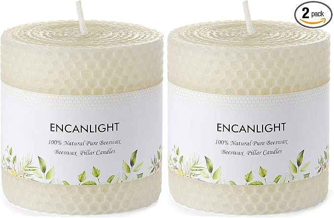 Beeswax Pillar Candles, 3x3 Inch White Hand-Rolled Honeycomb Pillar Candle Set of 2 - Dripless and Smokeless, Approx 9 Hours Hurn for Home Decor, Party, Wedding, Dinner