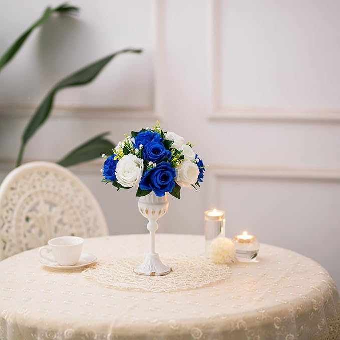 BLOSMON Royal Blue White Flowers: 2 Pcs Fake Roses Flower Balls Centerpiece for Wedding Table - Artificial Silk Kissing Bouquet Floral Arrangement for Home Party Event Decor