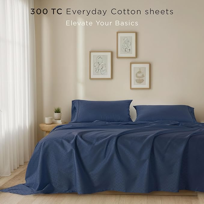 Threadmill Cotton Full Size Sheet Set | 100% Cotton Sheets for Full Size Bed | Damask Jacquard Full Bed Sheets Set with 16” Deep Pocket | Soft Sateen Weave 4-Piece Cooling Bedding Set | Folkstone Blue