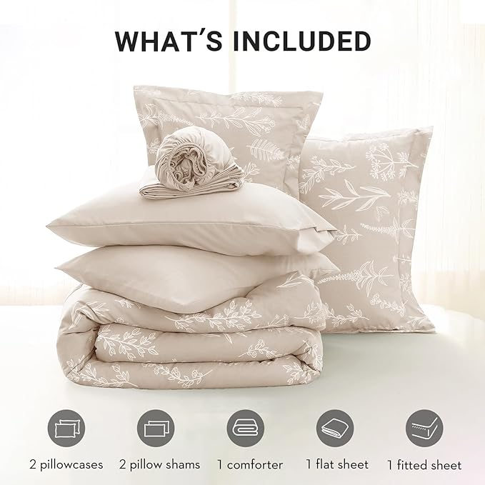 MUXHOMO Beige Full Comforter Set, Elegant Floral Print Bed in a Bag 7 Pieces, Ultra Soft & Breathable Reversible Botanical Pattern Bedding Set with Comforter, Sheets, Pillowcases, and Shams