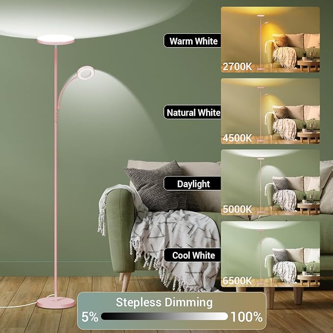 Pink Floor Lamp, 42W 4000LM Super Bright LED Room Lamp with Adjustable Reading Light,Dimmable Modern Standing Lamp with Remote & Touch Control for Room Bedroom Office Floor Light
