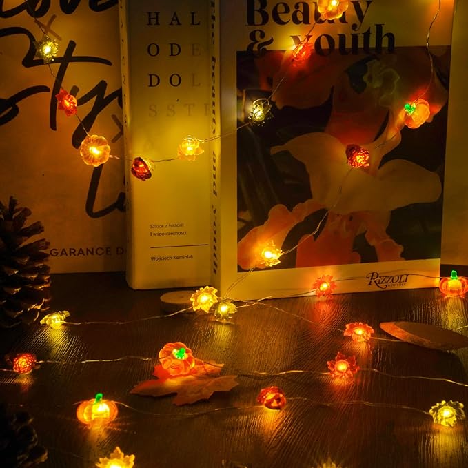 2 Pack 60LED Fall Decoration 3D Pumpkin Acorn Maple Leaf String Light Battery Operated, 20FT Fall Lights with Remote, Waterproof 8 Modes Fairy Lights for Autumn Harvest Thanksgiving Halloween Decor