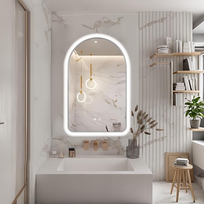 Arched LED Bathroom Mirror, 30"x20" Silver Framed Arch Backlit Mirror with Lights, Lighted Vanity Mirror for Wall, Anti-Fog, 3 Colors, Dimmable, Adjustable Brightness, Waterproof, UL Listed