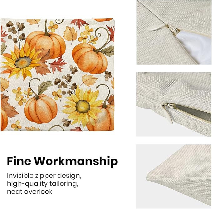 Fall Pillow Covers 18 x 18 Inch, Burnt Orange Pumpkin Yellow Floral Decor Throw Pillows for Home Couch Bed, Autumn Harvest Thanksgiving Decorative Pillowcase Linen Cushion Cover Set of 2