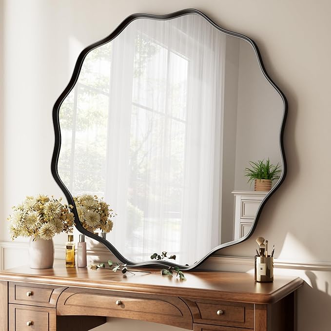 Round Wavy Mirror - 30 Inch Bathroom Vanity Mirror Metal Frame Circle Wall Mounted Mirror for Bedroom Living Room Entryway, Black