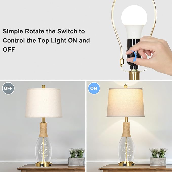 28" Boho Table Lamps Set of 2, Coastal Glass Lamps with USB A+C Ports and Outlet, Nautical Beach Bedside Lamp for Living Room Bedroom Night Stands(2 LED Bulbs Included), Gold