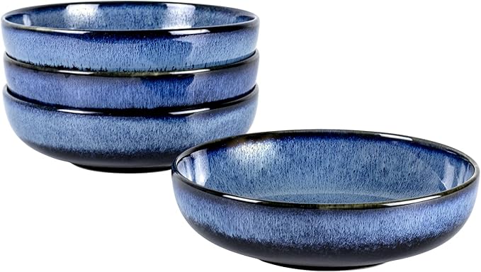 UNICASA Ceramic Pasta Bowls, Porcelain Salad Set of 4, 26 oz for Kitchen, Large Serving, Reactive Glaze Dish, Microwave and Dishwasher Safe, Blue