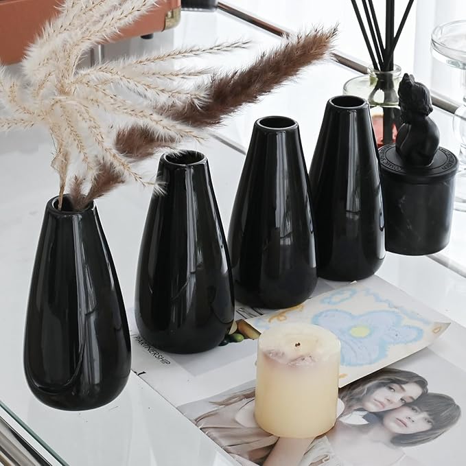 Modern Black Ceramic Vase Set of 16 for Living Room Bedroom 5.1'' Minimalist Fresh Flower Vases for Home Decor Office Fireplace Centerpieces Nordic Style Gift for Fake Plant 16 Pack
