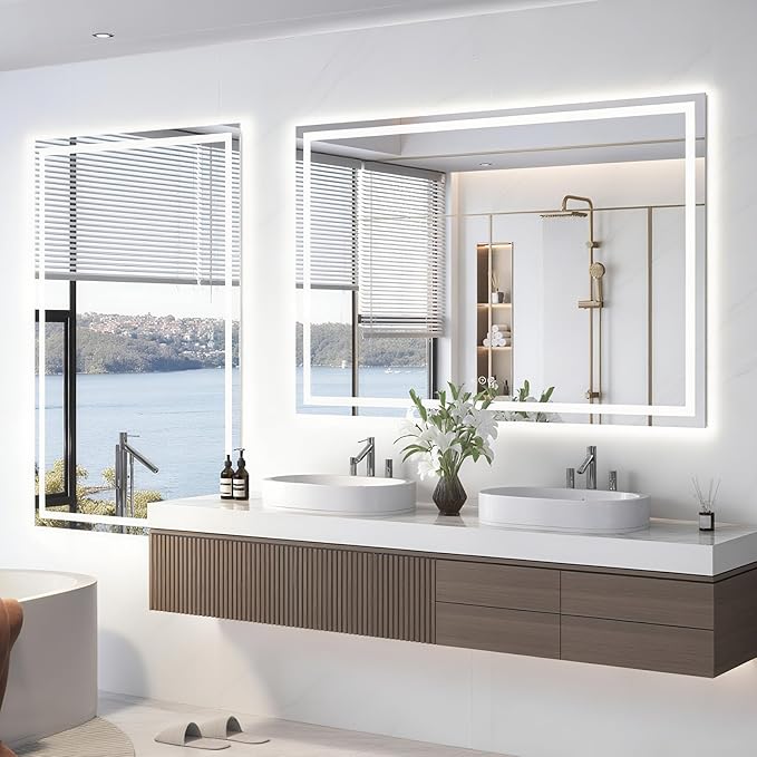 55"X30" LED Bathroom Mirror with Front Lights and Backlit, Anti-Fog, Dimmable, Shatter-Proof Tempered Glass, Lighted Bathroom Vanity Mirror for Wall with 3 Colors, Memory Function
