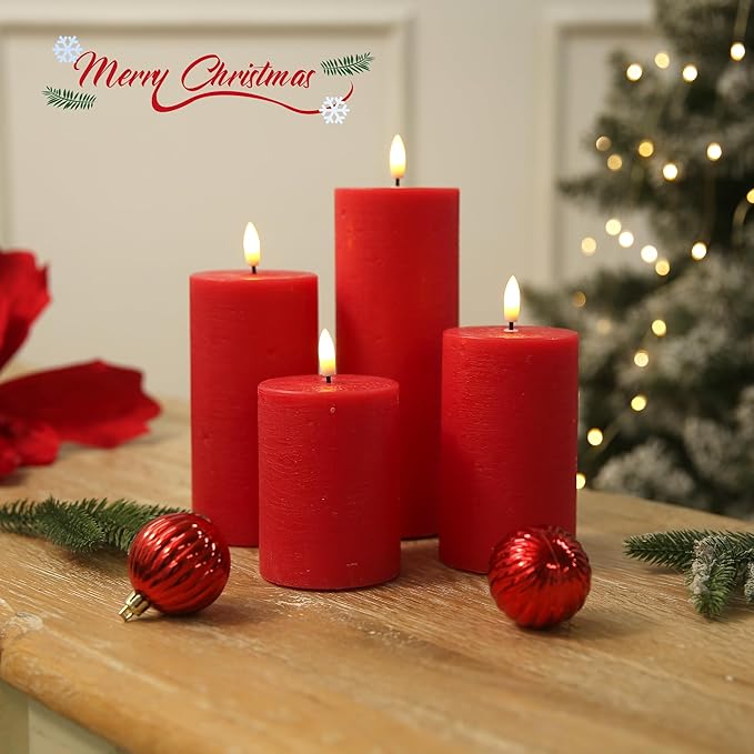 LUSHABOR Flameless Candles, 4 Pack Battery Operated Candles with Remote, Real Wax LED Fake Candles with Timer Flickering for Christmas Wedding Home Party D3 H 5" 6" 7" 9" Red