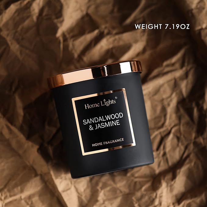 HomeLights Luxury Scented Candle, Natural Soy Wax, Home Fragrance Decor Gift, Sandalwood & Jasmine, Medium Jar