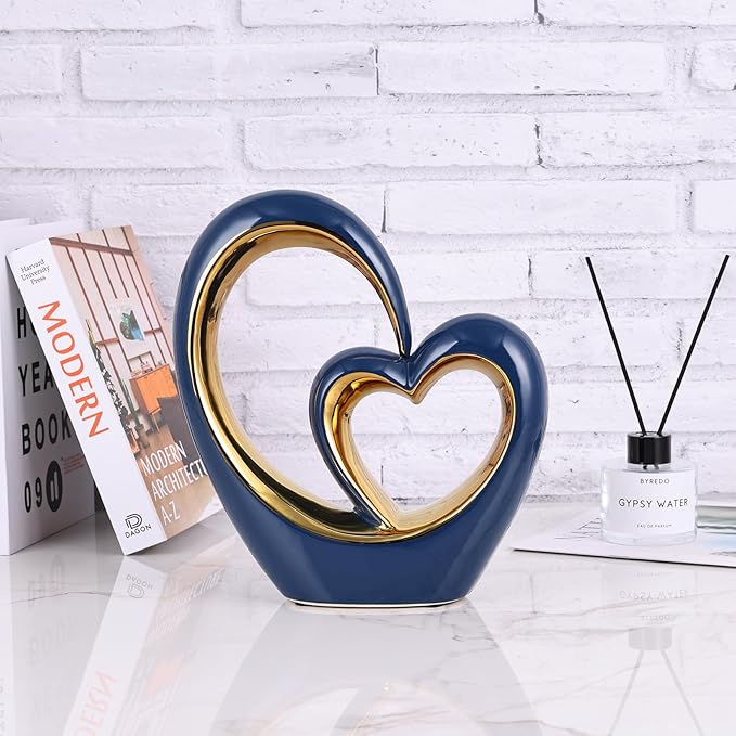 LCCCK Porcelain Double Heart Decor,Blue and Gold Sculpture Home Decor for Living Room Entryway Coffee Dining Table Shelves, Wedding Anniversary, Valentine's Gift for Couples & Lovers Modern