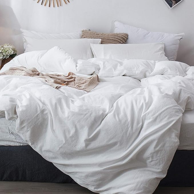 MooMee Bedding Duvet Cover Set 100% Washed Cotton Linen Like Textured Breathable Durable Soft Comfy (Solid Off White, King 104"x90")