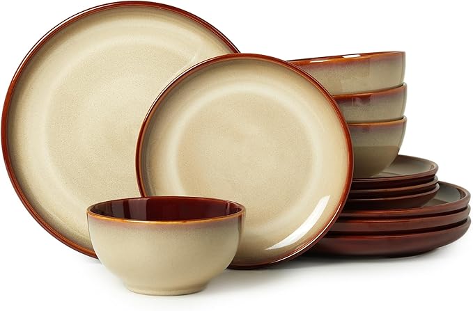 Stoneware Dinnerware Sets, Ceramic Plates and Bowls Set, Microwave & Dishwasher Safe Kitchen Dish Set, Modern Dinner Salad Plates | Cereal Bowls for 4, Dishware Sets Brown Yellow
