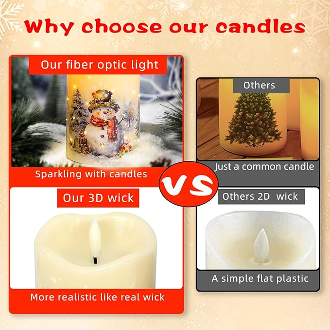 Christmas Flameless Flickering LED Candles with Remote Timer,Battery Operated 3D Wick Pillar Candles Fiber OIptic Decorative Lights Set of 3 for Decorations Indoor
