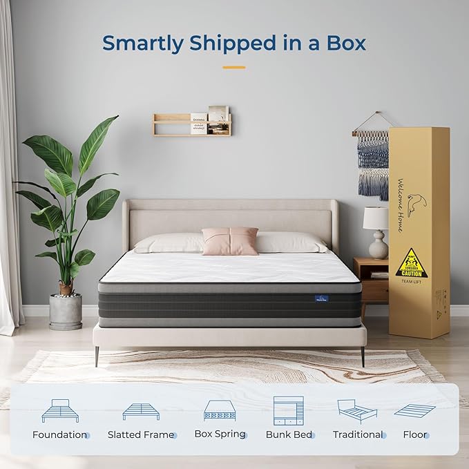 Vesgantti Queen Mattress, 12 Inch Hybrid Queen Size Mattress in a Box, Memory Foam and Individually Pocket Spring, Innerspring Mattress for Pressure Relief and Supportive, Medium Firm