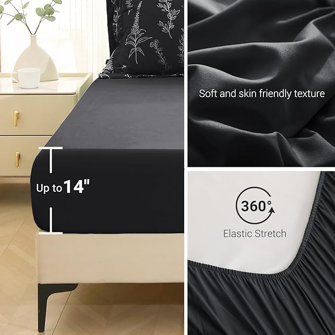MUXHOMO Black King Comforter Set, Elegant Floral Print Bed in a Bag 7 Pieces, Ultra Soft & Breathable Reversible Botanical Pattern Bedding Set with Comforter, Sheets, Pillowcases, and Shams