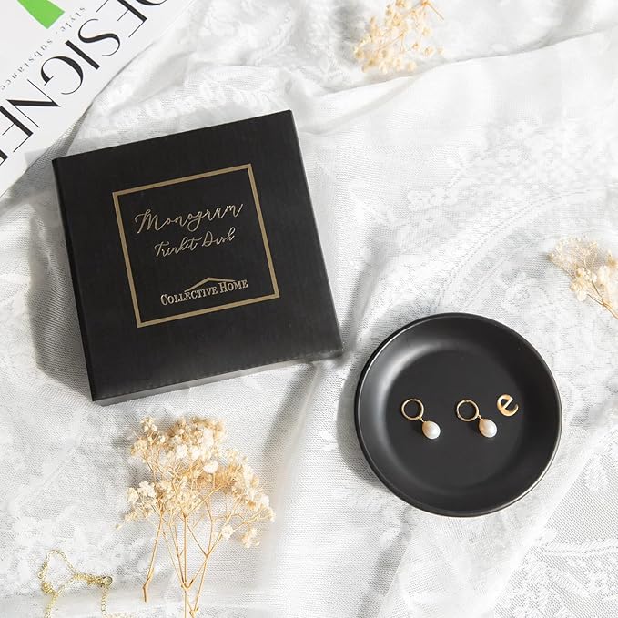 COLLECTIVE HOME - Ceramic Jewelry Tray, Decorative Trinket Dish for Rings Earrings Necklaces Bracelet Watch Keys, Birthday Mother's Day Christmas Gift for Women, 4.75", Black Surface (e)